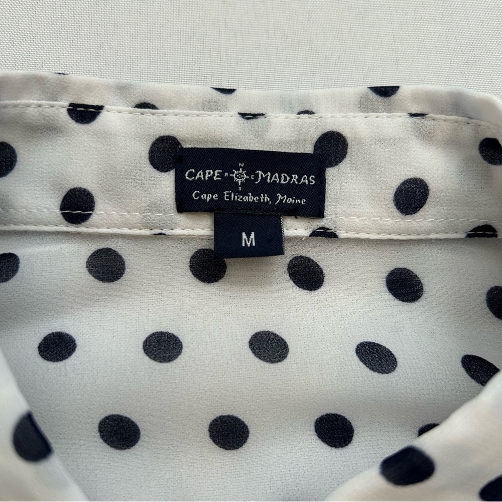 Cape Madras Sheer Polka Dot Button Up Blouse White Navy Blue Medium - Picture 7 of 10